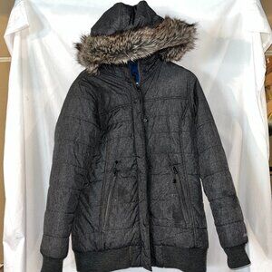 Eddie Bauer Jacket Women's Medium Gray Puffer Jacket Faux Fur Hood